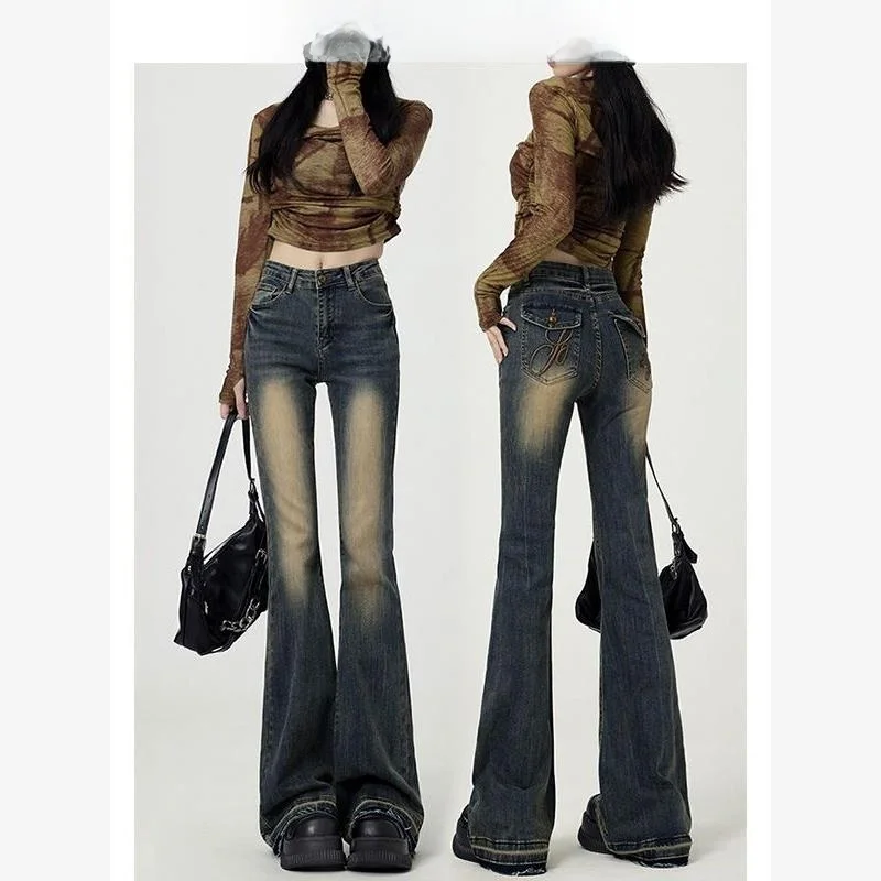 

Ретро американские утягивающие джинсы-колокольчики с высокой талией, женские весенне-осенние эластичные модные наряд с вышивкой для девочек