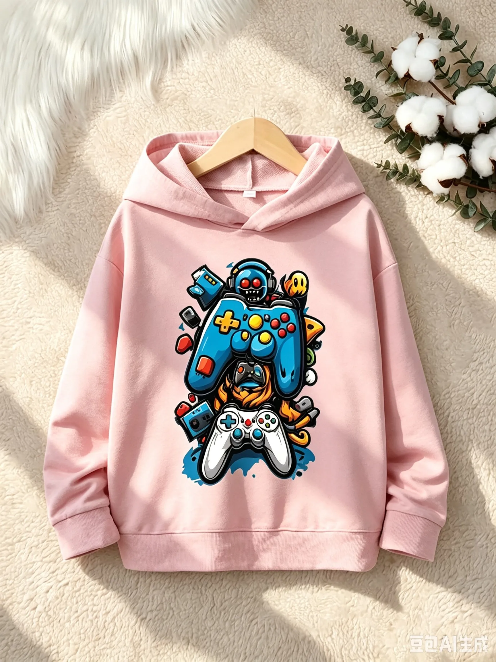 kids hoodie, game controller cartoon graphic print pullover, long sleeve hooded top, cool street style for boys girlsdailyoutfit