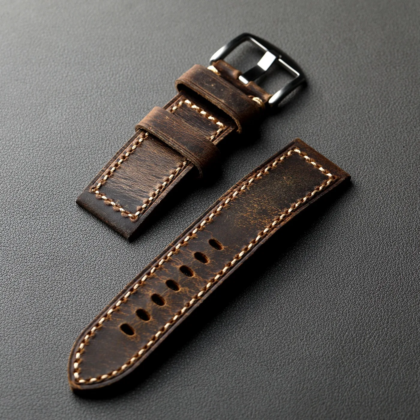 Handmade top layer cowhide strap. 20MM 21MM 22MM 23MM 24MM 26MM， Thick men's vintage leather strap, brown, suitable for mechanic