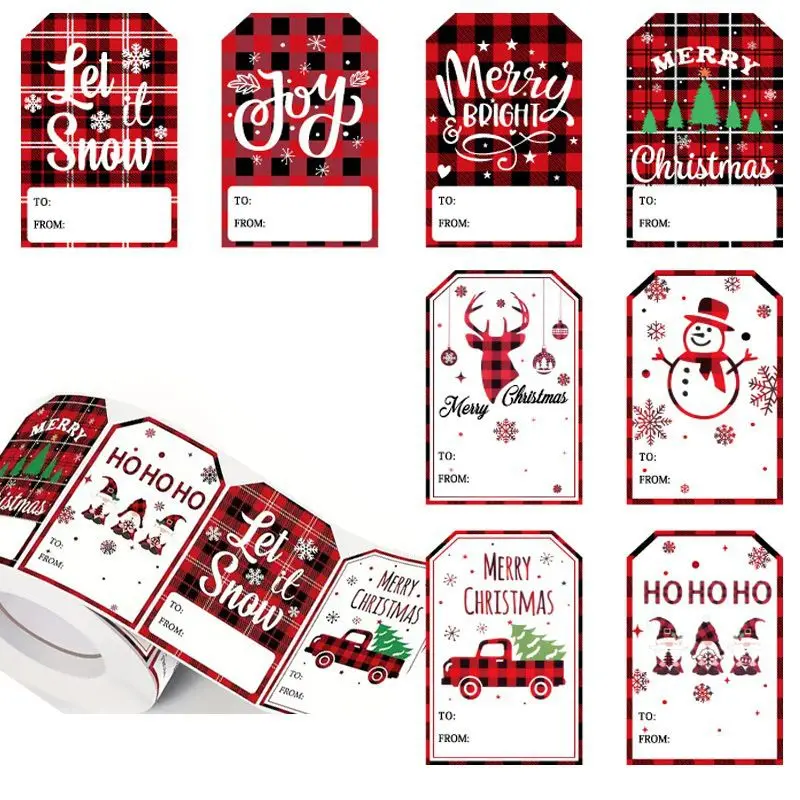 100Pcs Christmas Tags Labels, 8 Design Self Adhesive Gift Stickers Name Tags with Santa Snowmen Xmas Tree Snowman Holiday Decor