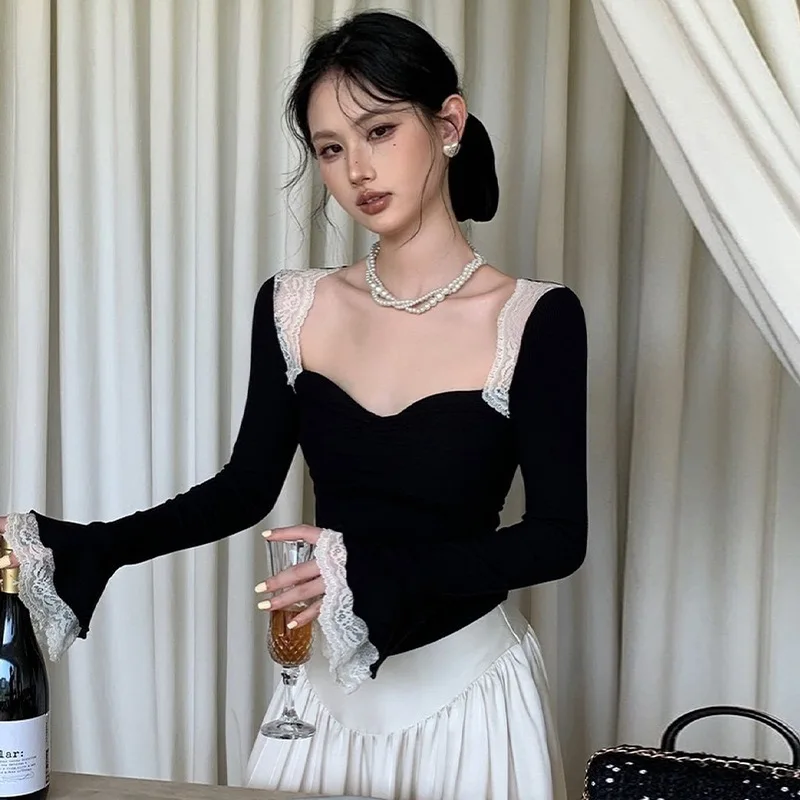 

Solid Color Lace Splicing Long Sleeve French Elegance Slimming Short Sleeve T-shirt with Puff Sleeves 2025 Women's Top