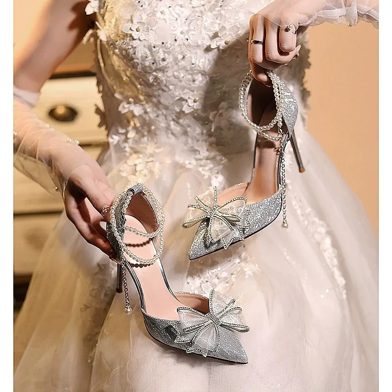 Elegant Silver High Heels Pumps Women Autumn Ankle Straps Party Shoes Woman Pointed Toe Bowtie Wedding Shoes