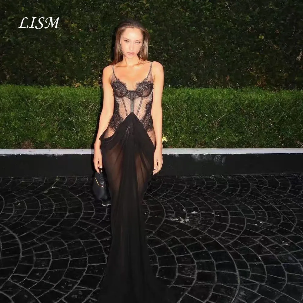 LISM Luxury Evening Dress 2026 Black Lace Appliques Mermaid Transparent Customized Vestidos De Fiesta Mujer Formal Party Gown