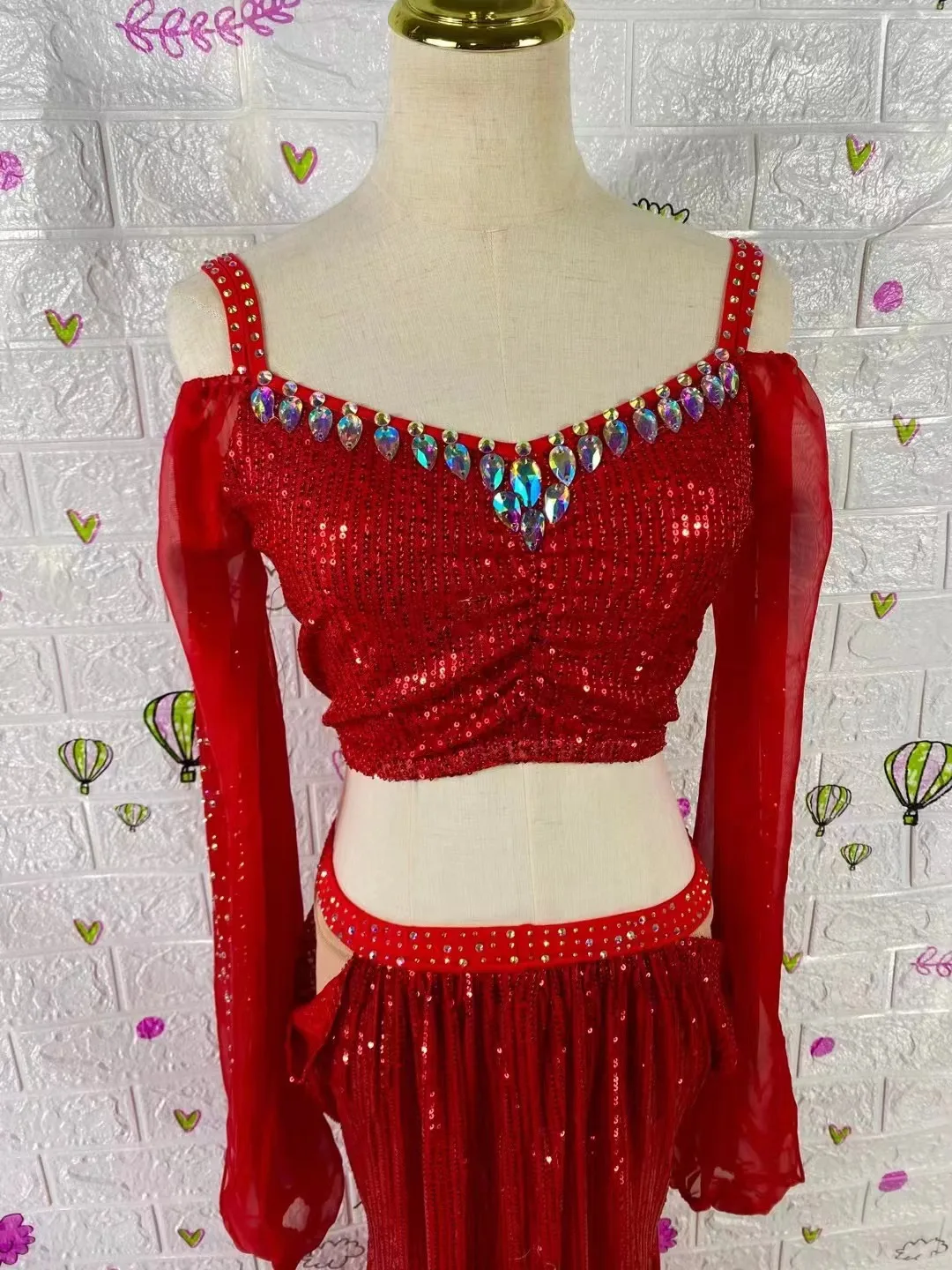 Belly Dance Professional Performance Costume Top + Long Skirt Practice Costume Sequined Super Flashing Long Skirt Dance Costume