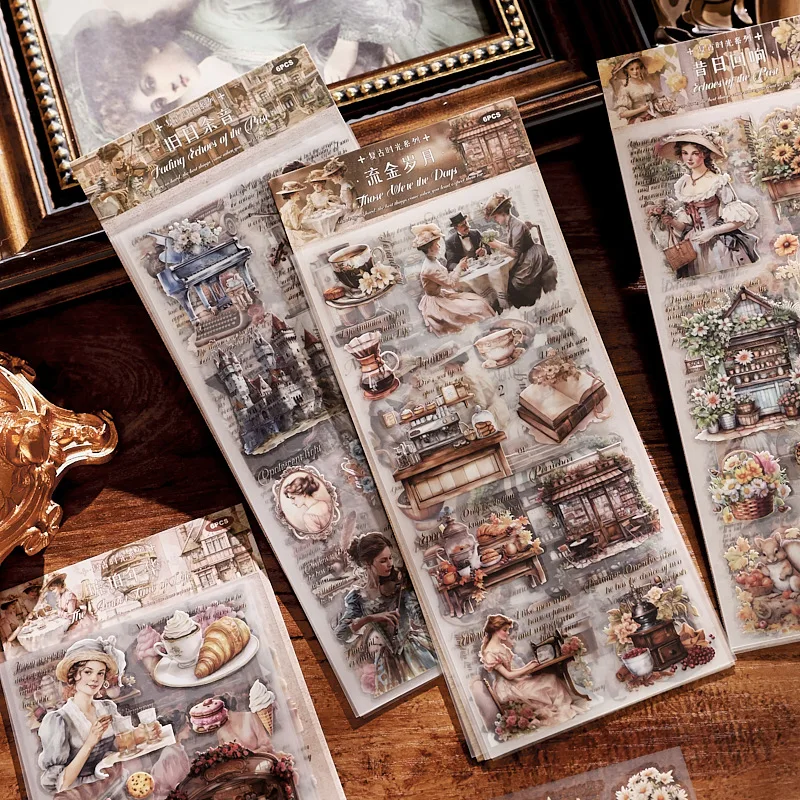 6sheets Retro Time Series European Style PET Transfer Printing Sticker DIY Diary Handmade Scrapbook Aesthetic Stationery Sticker