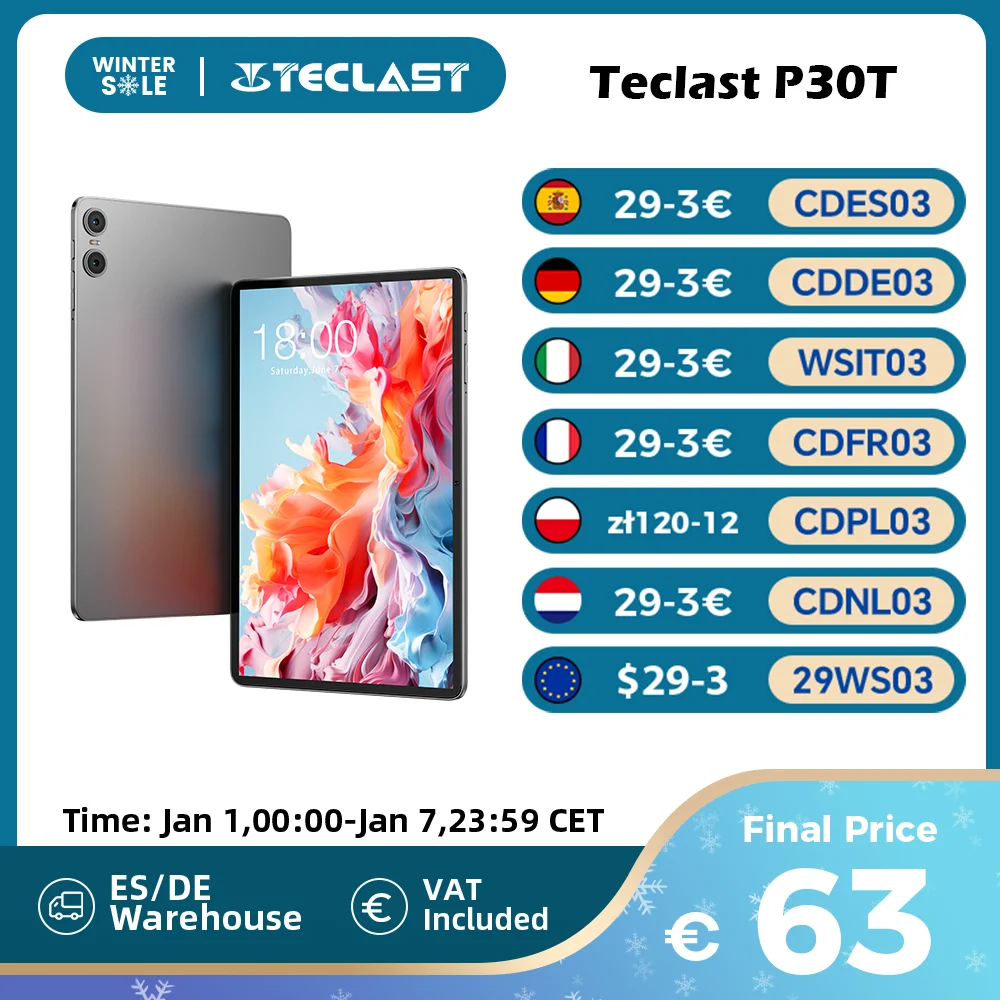 Teclast P30T Android 14 tablet, 10.1 inch IPS, Max 10GB RAM, 128GB ROM, 1280x800 IPS, Allwinner A523, 8 cores, type C, 6000mAh, BT 5.4, Wi-Fi 6