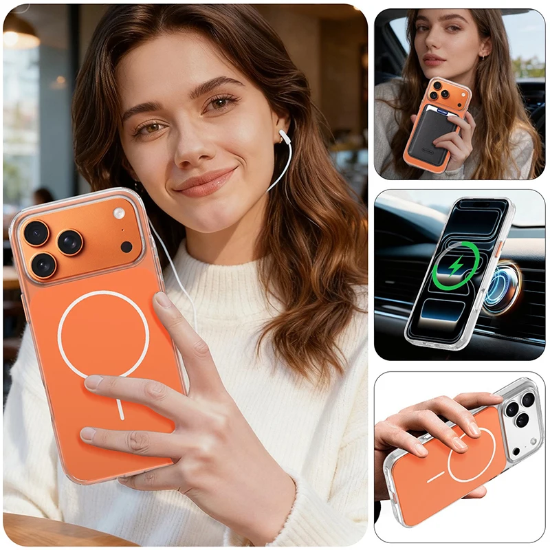 

Magnetic Wireless Charging With Metal Button Phone Case For iPhone 17 Pro Max 16 15 14 Plus 13 11 Acrylic Back Cover For Magsafe
