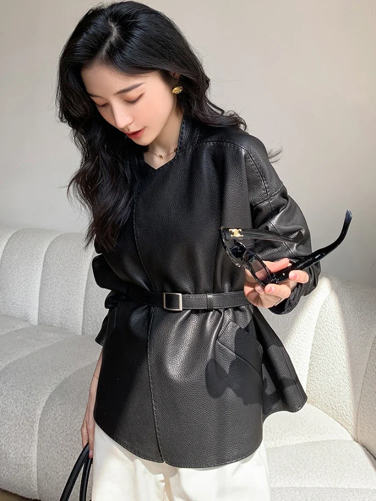 

Casual Black Genuine Leather Jacket for Women Spring Autumn High-end Simple Short Lychee Texture Real Goatskin Coat with Belt