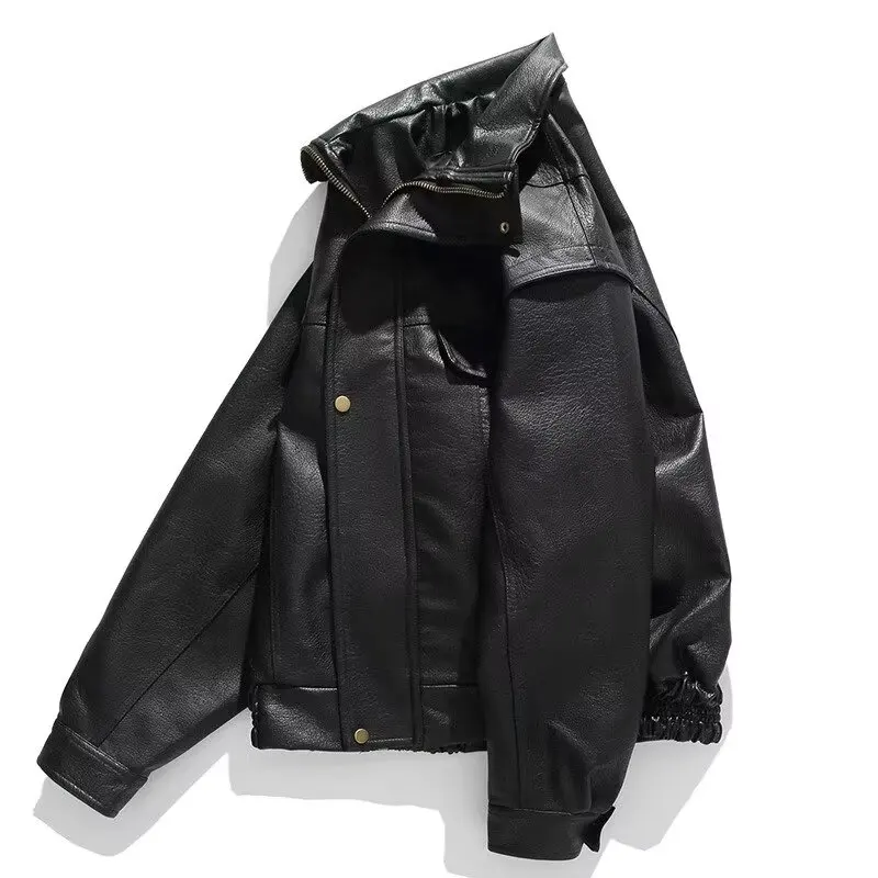 2023 Retro Motorcycle Soft Leather Jacket Mens Japanese Faux Leather Flip Collar Pu Bomber Coat  Autumn Winter Fashion Outwear