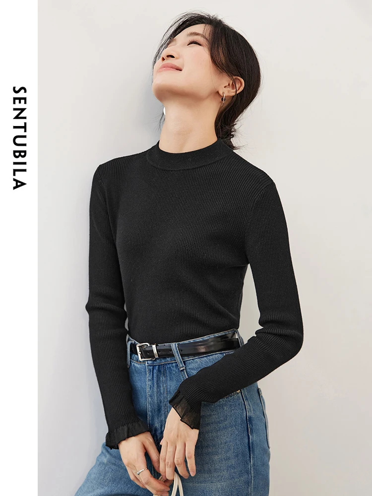 SENTUBILA Women Basics Wool Blend Knitted Sweater 2024 Autumn Winter Pullovers Long Sleeve Knit Tops Comfort Knitwear W43H56566