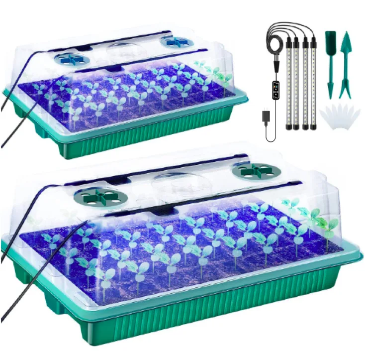 Seeding Starter Tray with Timed Grow Light 2 Pack 80 Cells Plant Starter Kit with Humidity Domes Plant Germination Trays