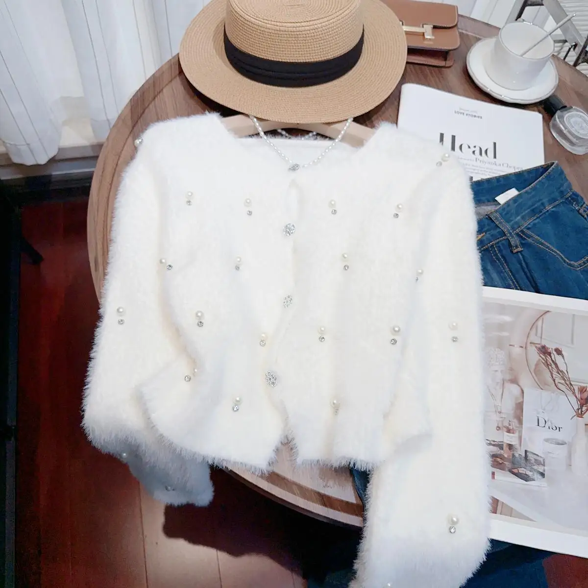 Pink Peals Diamonds Beading Mink Cashmere Sweater Jackets Women\'s Autumn Winter Sweet Long Sleeve Knitted Cropped Cardigan Coat