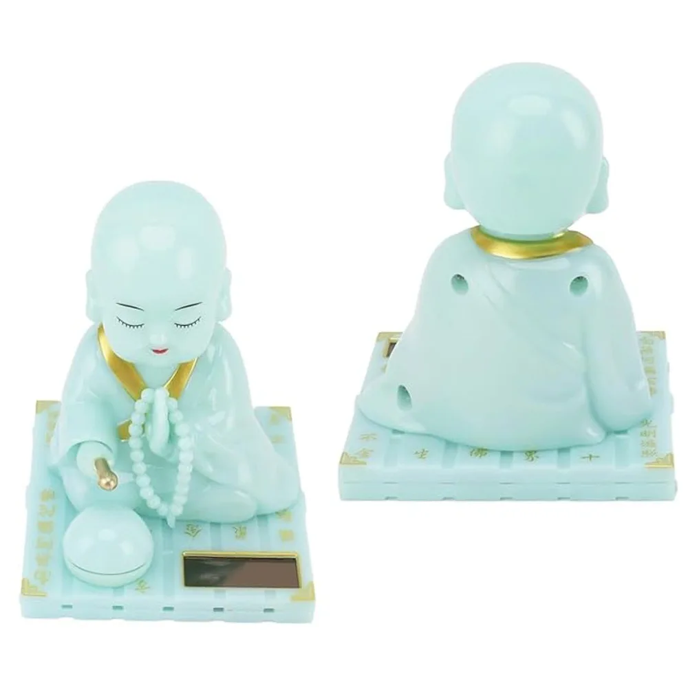 Plastic Solar Nodding Monk Dashboard Ornament Green Light Induction Automatic Movement Light Driven Tapping Wooden Fish Figurine