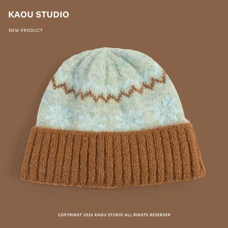 Japanische Jacquard-Strickmütze im Fair-Isle-Stil mit Farbblock-Design für Damen, Winter, verdickt, warm, mit Ohrenschutz, Ski-Beanie-Mütze – Detail 5