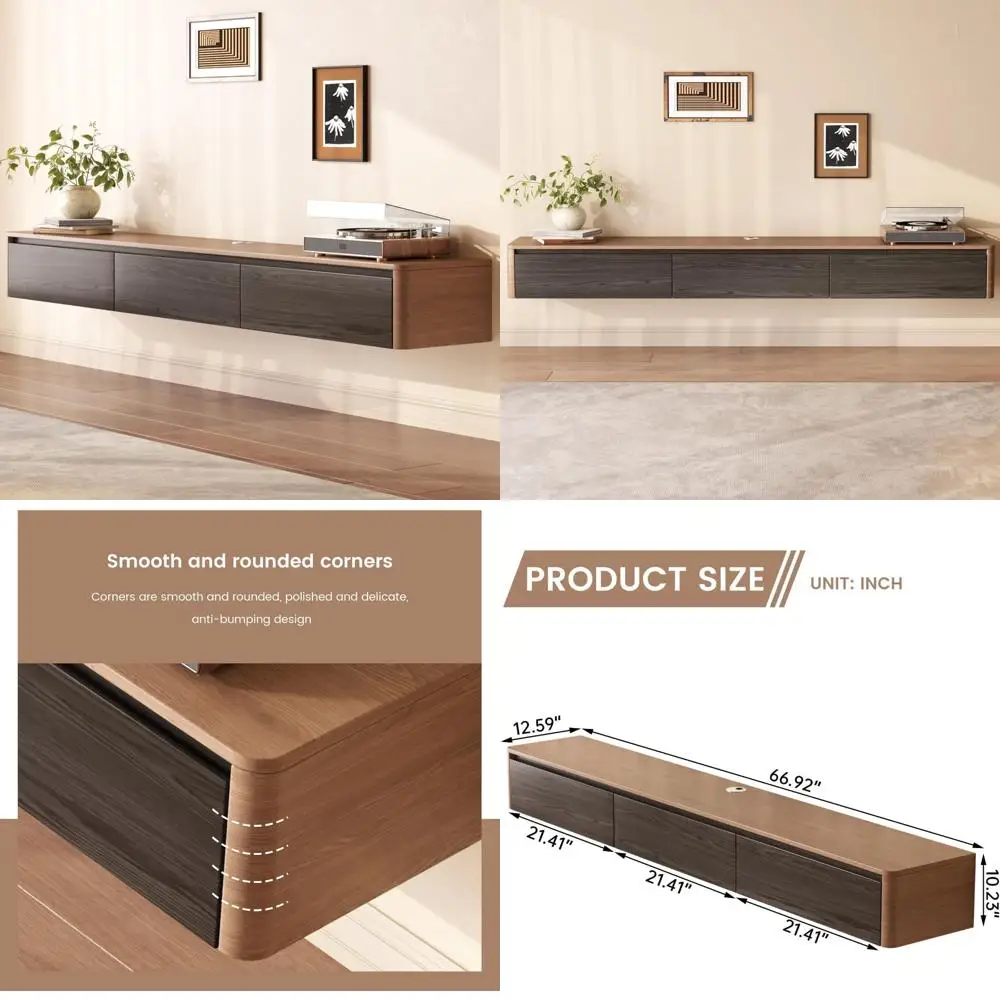 67-inch contemporary walnut floating tv stand with 3 flip-down doors and solid wood media storage