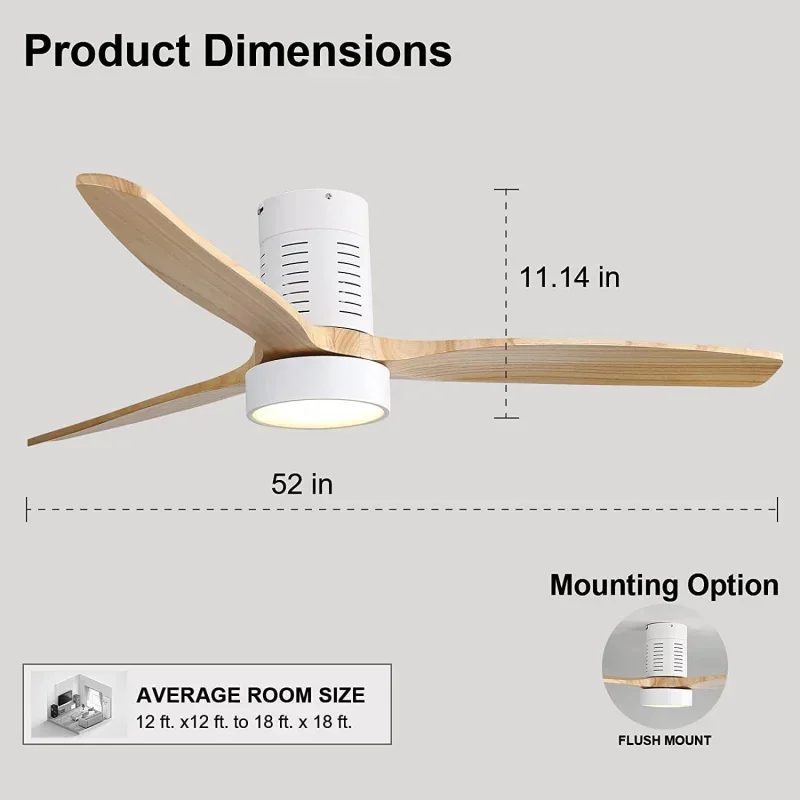 QW52'' Laag profiel met verlichting Afstandsbediening Houten bladen Omkeerbare DC-motor Moderne plafondventilator voor keuken, slaapkamer,