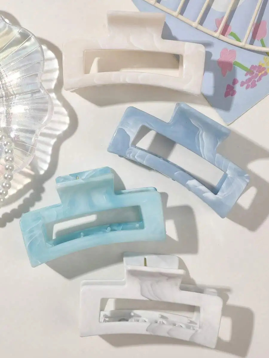 

4pcs Glossy Marble Square Hair Claw Clips For Women Daily Casual Wear