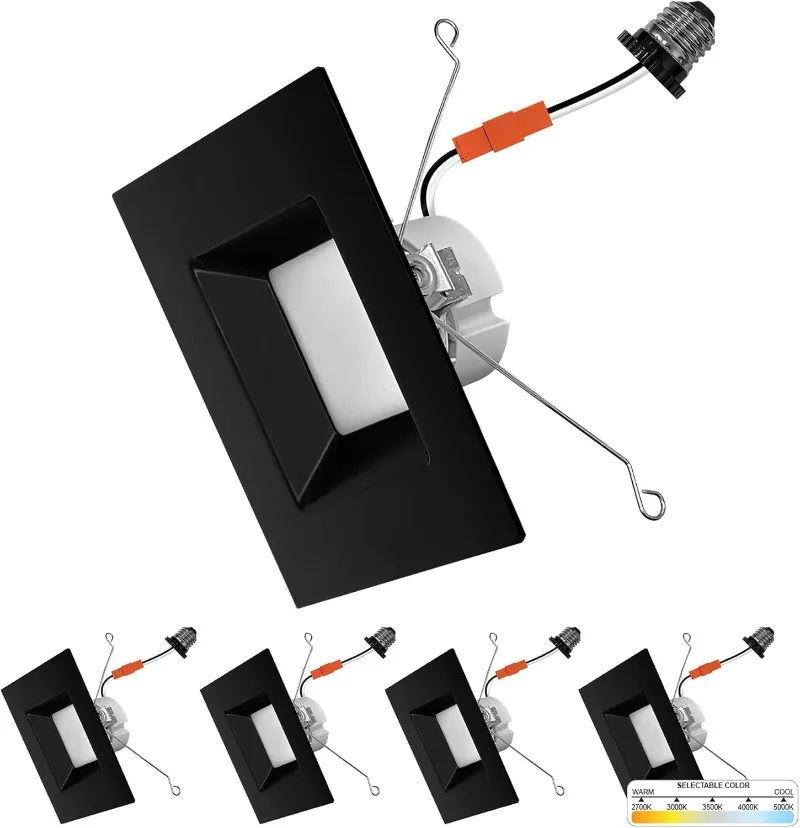 

4 упаковки, черные 6-дюймовые квадратные светодиодные лампы, CCT 2700K/3000K/3500K/4000K/5000K на выбор, 1100 люмен, 14 Вт, с регулируемой яркостью, 6 дюймов