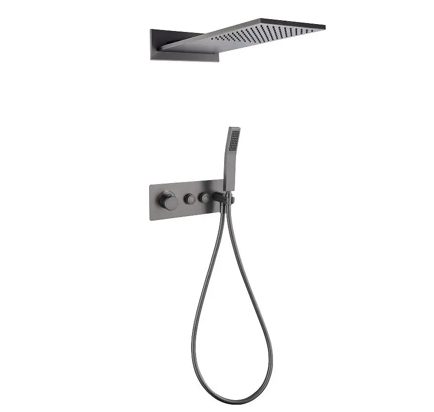 

3-функциональный душевой набор для ванной комнаты, душевая система, настенная кнопка, черный пистолет, серый термостатический набор смесителей для душа