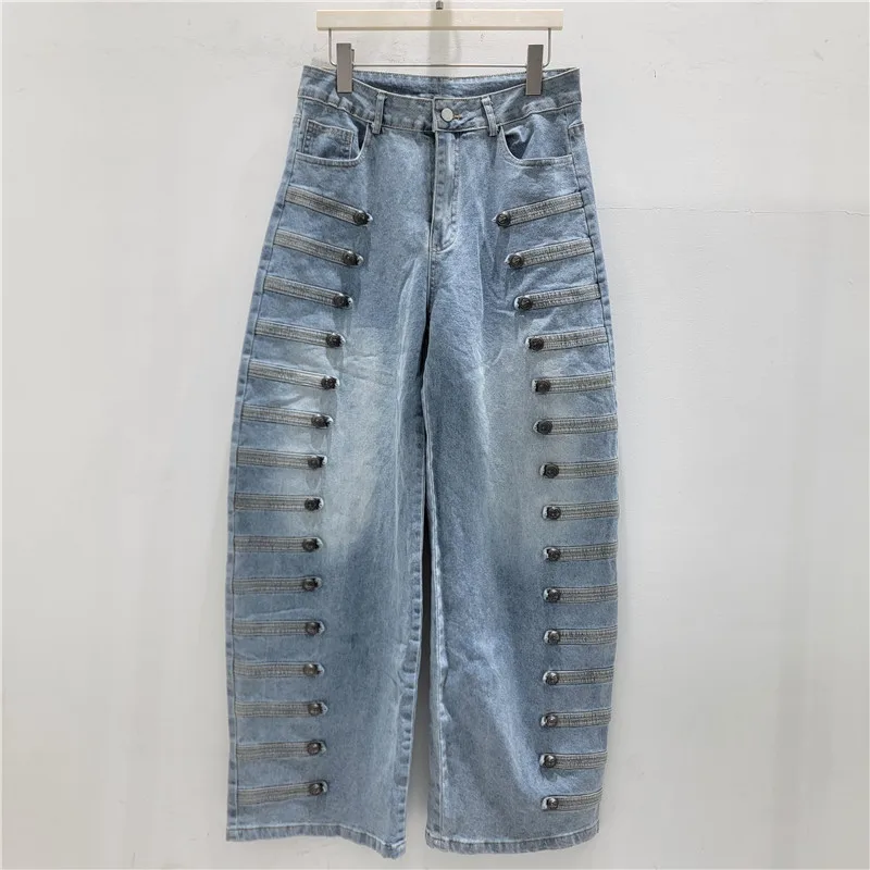 Women American Retro Curved Jeans High Waist Baggy Wide Leg Floor Length Denim Pants Streetwear Metal Buttons Decor Y2K Hip Hop