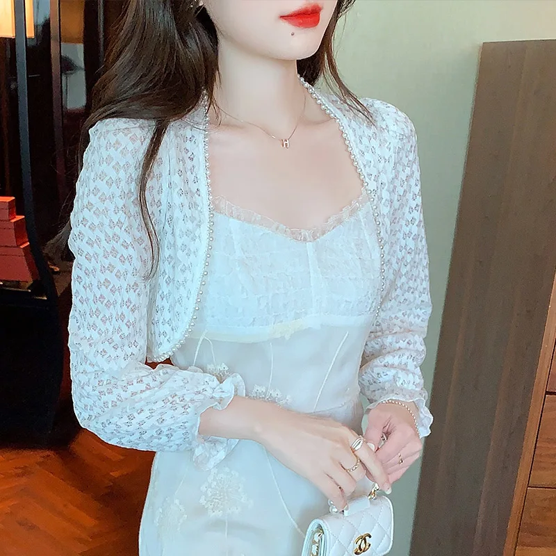 2024 Spring Summer Ladies Lace Shirts Sweet Long Flare Sleeve Beaded Collar Womens Short Cardigans Female Blouse Sunscreen Shirt