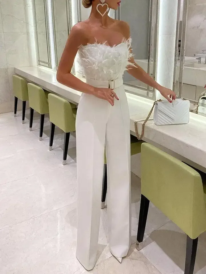 

Elegant Jumpsuit Women Long One Piece Strapless White Slash Neck Feather Y2k Top Sexy Wedding Party Night Evening Rompers Summer