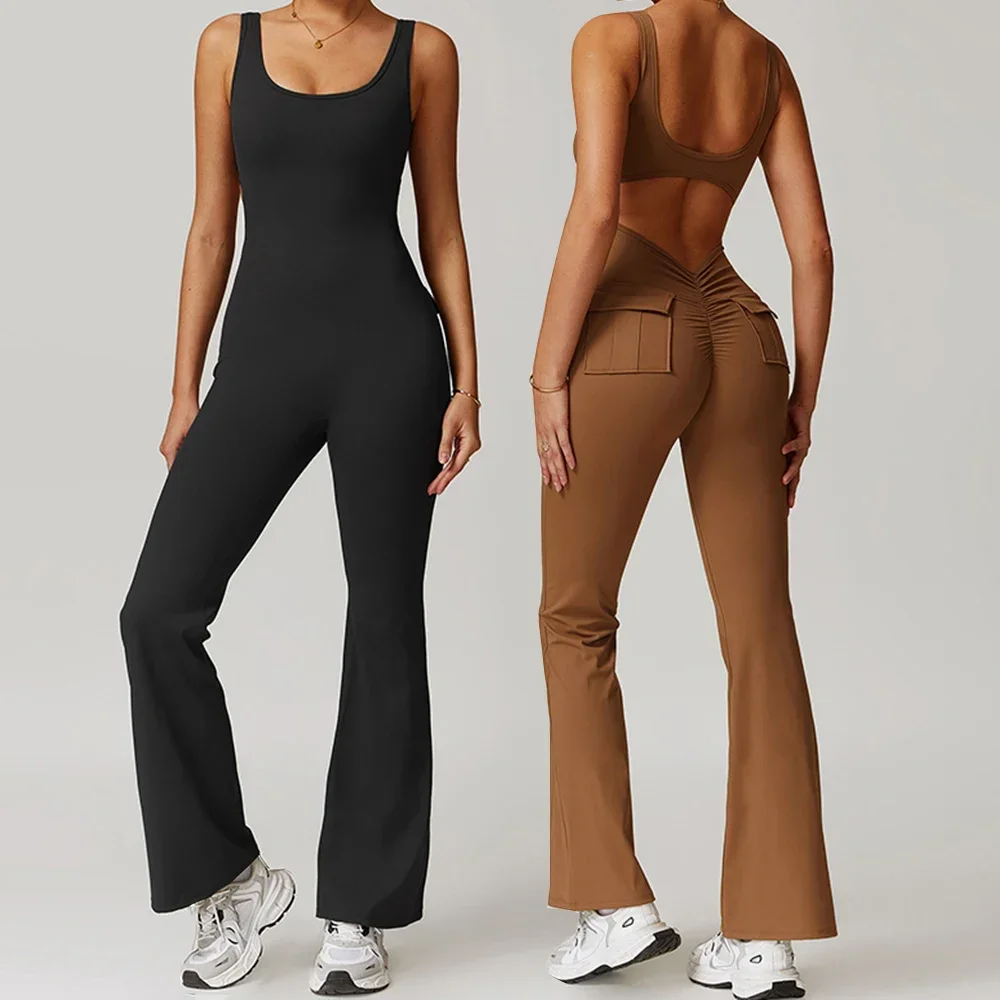 Women Sport Jumpsuits Pocket Gym Overalls Sexy Workout Romper Fitness One Piece Clothes Female Sporty BodySuit Yoga Jumpsuit