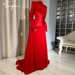 Robe de soirée sirène en satin rouge à manches longues, robe de soirée arabe sur mesure, longue et modeste, pour femmes