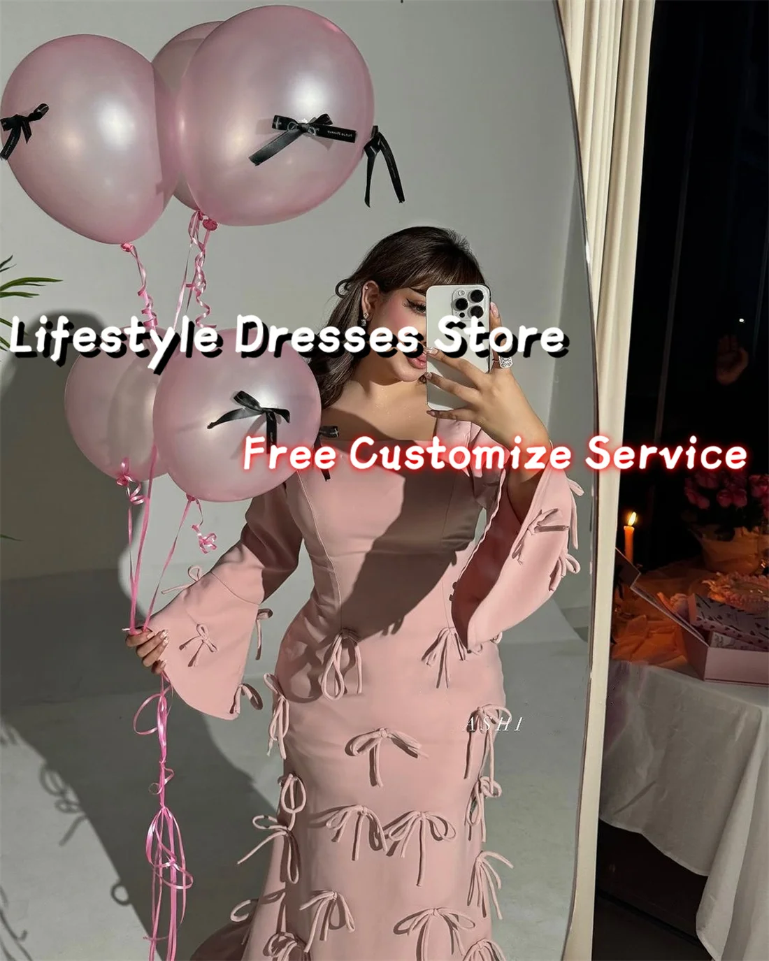 Customized Square Collar Long Sleeves Bow Formal Evening Dress for Arabic Women Birthday Wedding Party Gown Mermaid Formal Dress