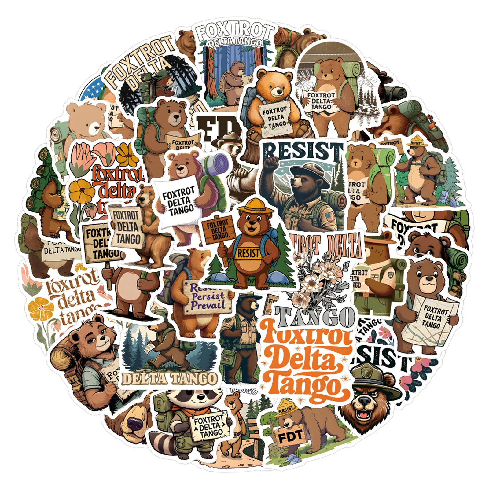 50 قطعة من ملصقات Foxtrot Delta Tango ملصقات جرافيتي على شكل الدب الكرتوني وأكواب الأمتعة المزخرفة وملصقات مقاومة للماء للكمبيوتر