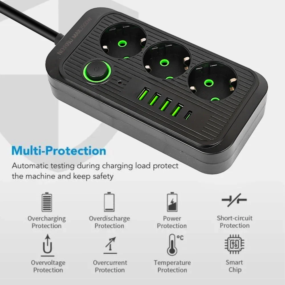 Fast Charging EU Plug AC Outlets Multitap Socket Extension Cord Electrical Power Strip With USB Type C Network Filter Adapter