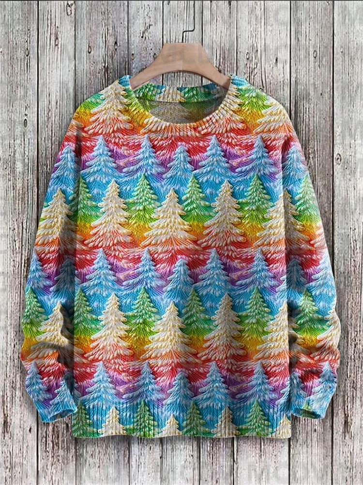 

Rainbow Christmas Trees Print Knit Pullover Sweater Men's For Women's Pullover