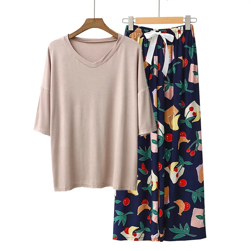 European Plus Size Pajamas Sets Summer 2pcs Viscose Modal Homewear Printed Pants Lady's Loungewear Short Sleeve Set
