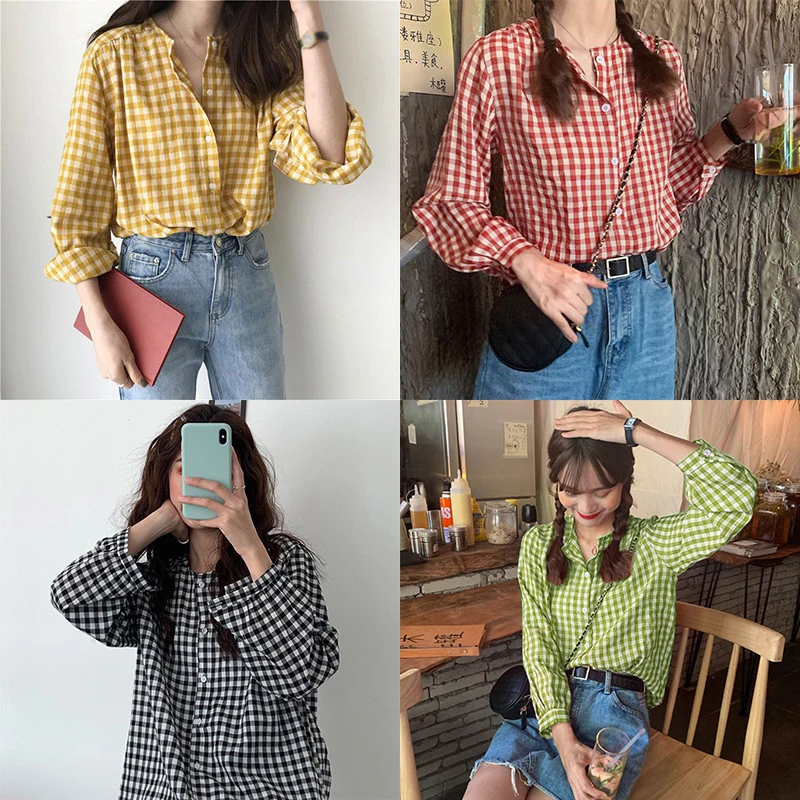 Women Plaid Checked Blouse Long Sleeve Casual Round Neck Loose Shirt Tops Autumn Cotton Clothes