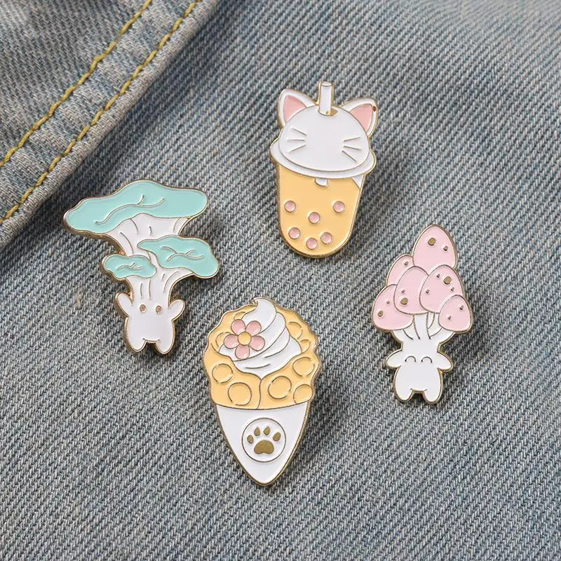 Food Enamel Pins Mushroom Ice Cream Boba Tea Cat Paw Brooches Bag Hat Lapel Pin Cartoon Badge Jewelry Gift Kids Girl