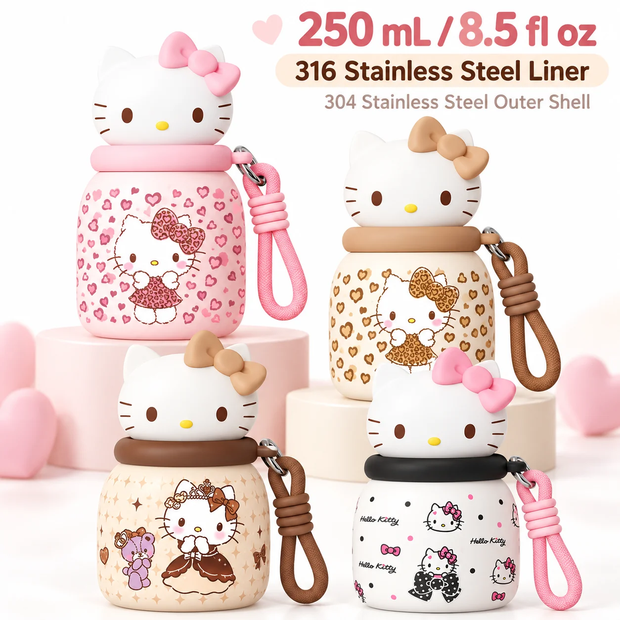 Hello Kitty 250ml Mini Insulated Cup 316 Stainless Steel Portable Travel Tumbler with Lid Carry Strap Leopard Christmas Gift
