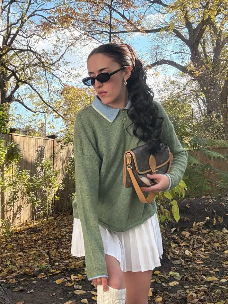 

Casual Green Polo Collar Knit Sweater Women Fashion Full Sleeve Loose Short Kintted Pullover 2026 Lady Daily Commute Pullovers