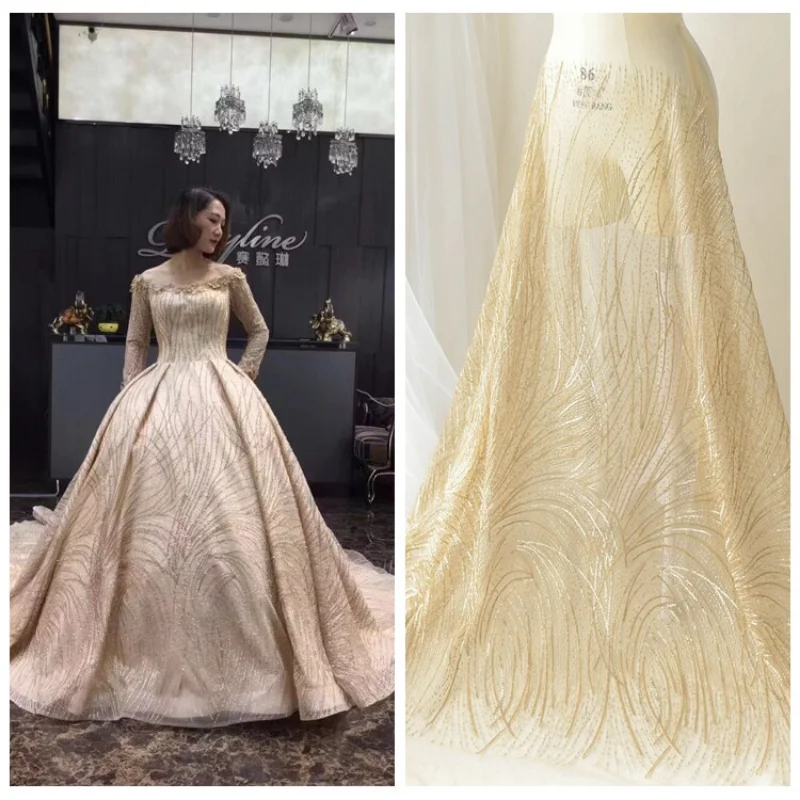 

Golden Embroidered Lace Tulle Fabric for DIY Sewing Handmade Wedding Dress Veil Accessories Decoration Clothing Fashion Cloth
