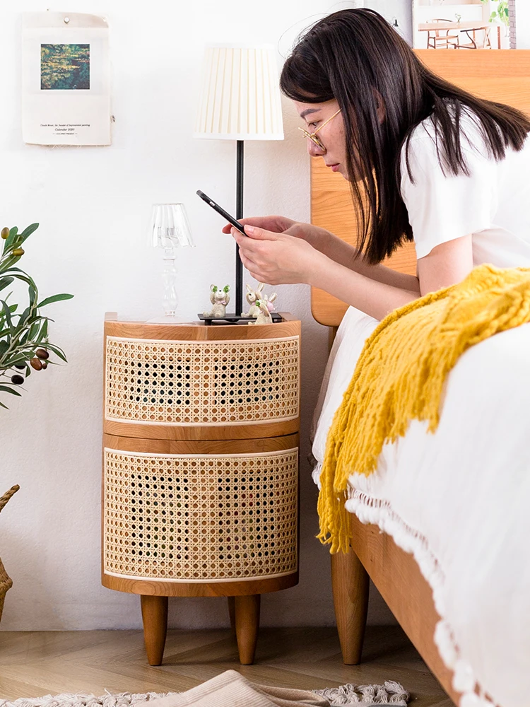 Retro Nightstands Rattan Furniture Bedside Tables Home Living Room Wooden Storage Small Side Cabinet Multifunctional Night Table