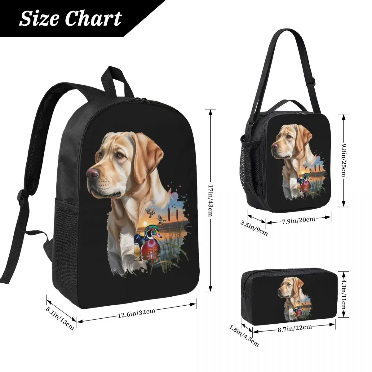 Yellow Labrador And Wood Duck Sunrise Backpack BookBag School Bag Computer Shoulder Bags 3ps Insulated Lunch Bag Pencil Case