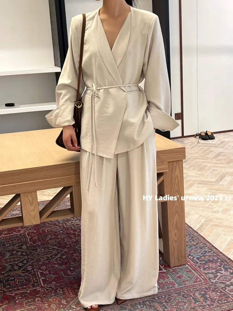 

VTKW с v-образным вырезом, чистый цвет, универсальный дизайн, весна 2023, новый женский пиджак, высококачественный свободный длинный комплект из двух предметов