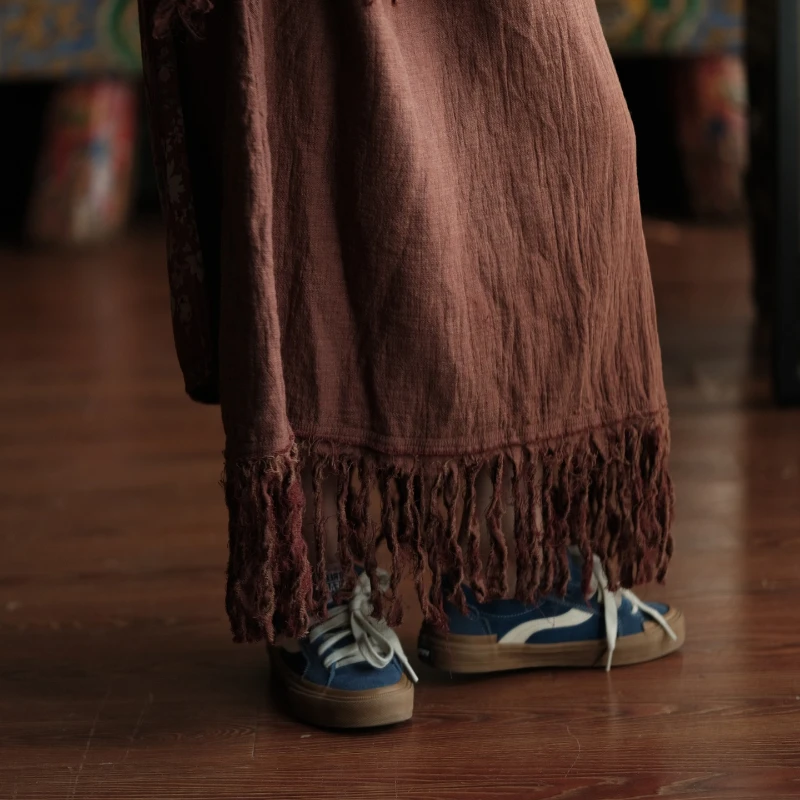 Cotton Linen Women Tassel Long Skirts Casual Maillard A-line Skirts New 2025 Autumn Vintage Loose Comfortable Female Clothing