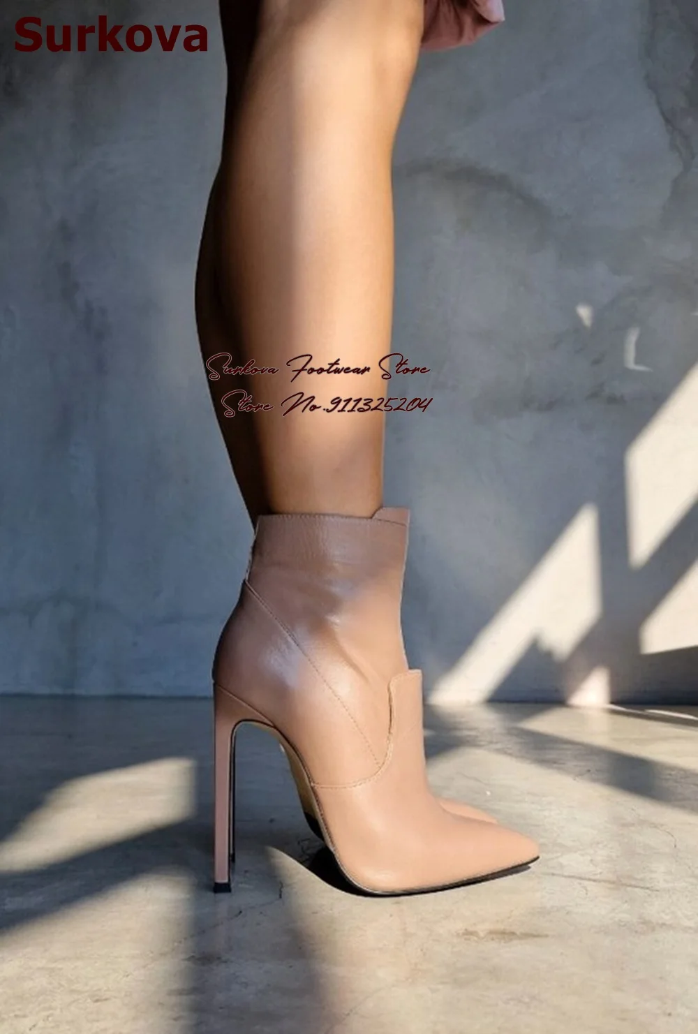 Surkova Nude Matte Stiletto Heels Ankle Boots Slim Fit Pointed Toe Fall Winter Booties Zipped Dress Shoes Size46