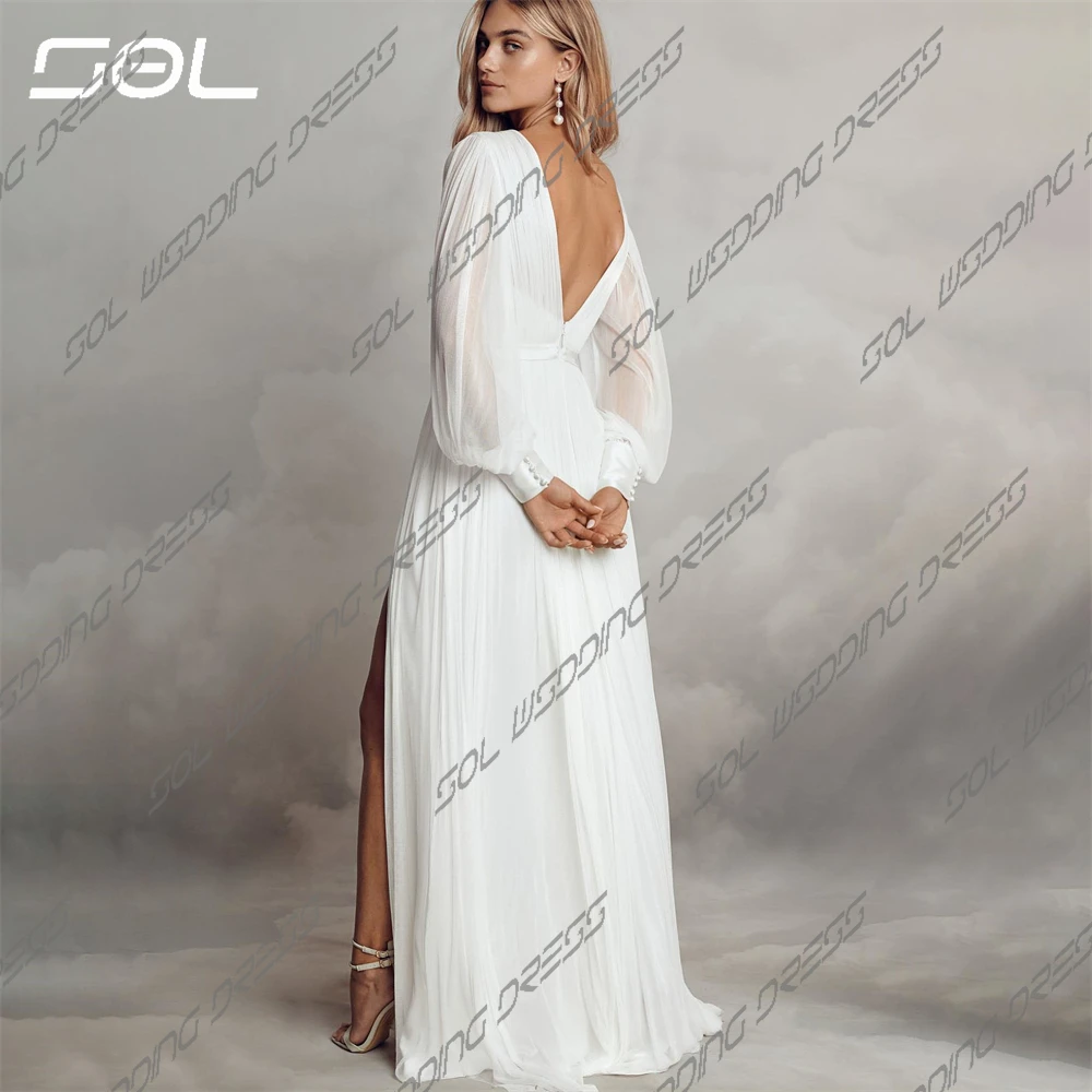 SOL-Long Lantern Sleeves V-Neck Chiffon Vestido de Noiva, Side Slit, Vestidos De Noiva Sem Costas, Sexy Custom Made, Simples e Elegante