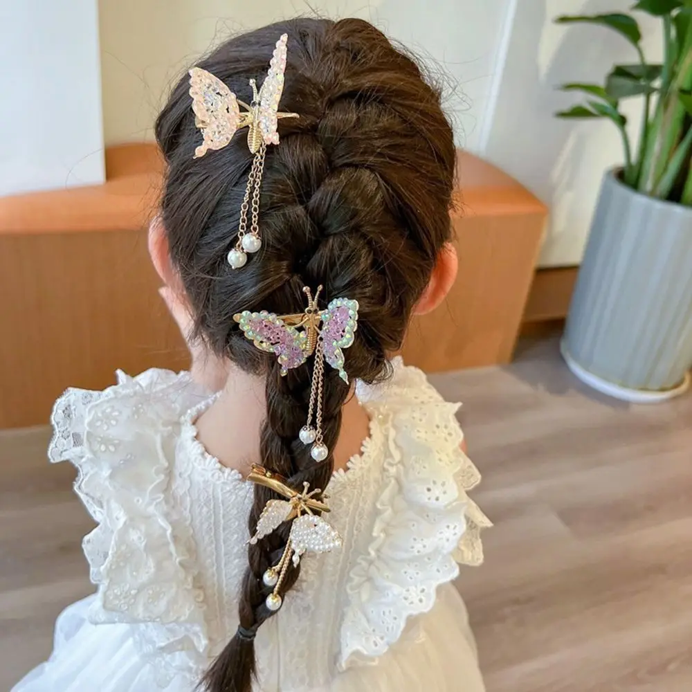 Princesa Pérola Borla Side Clip para Meninas, grampo infantil, borboleta Headwear bebê, grampo de cabelo estilo antigo, acessórios de cabelo