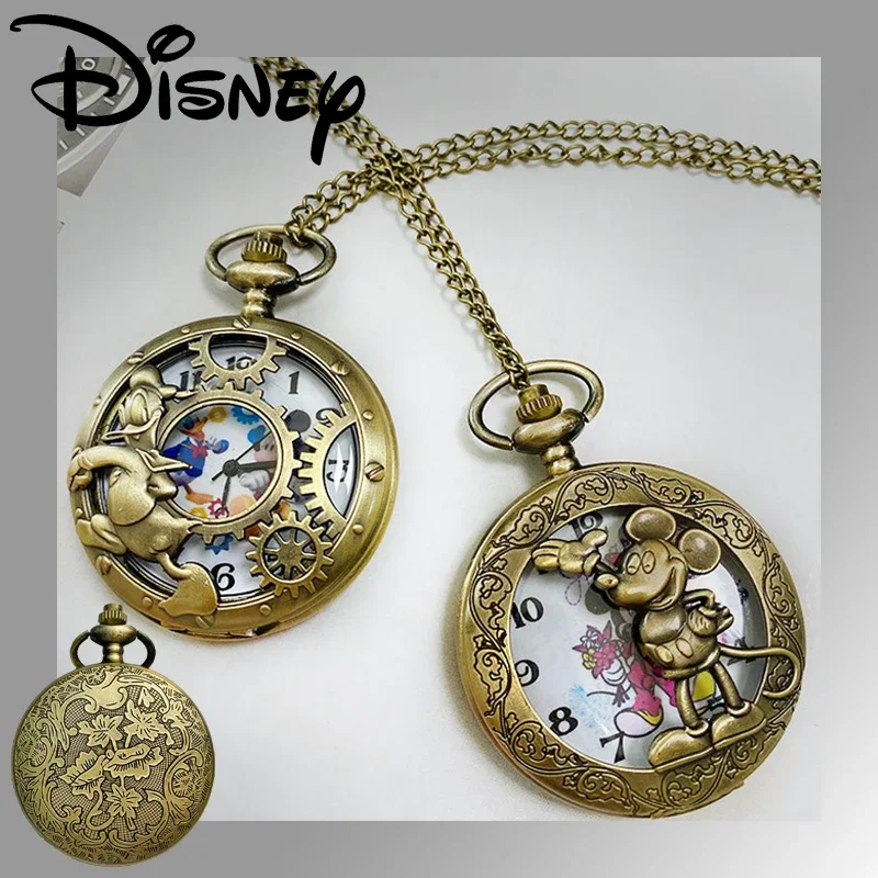 Disney Mickey Pocket Watch Vintage Pendant Necklace Quartz Roman Numerals Cartoon with Chain Pendant Clock Chain Men Women Gift