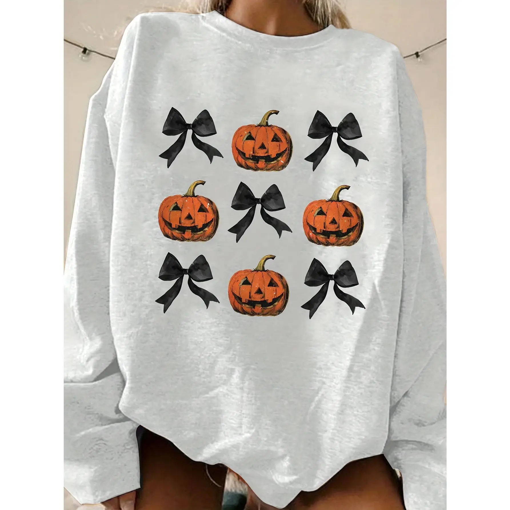 

New Autumn and Winter Halloween Day Pumpkin Bow Color-blocking Printed Loose Round-neck Long-sleeved Casual Women's Hoodie