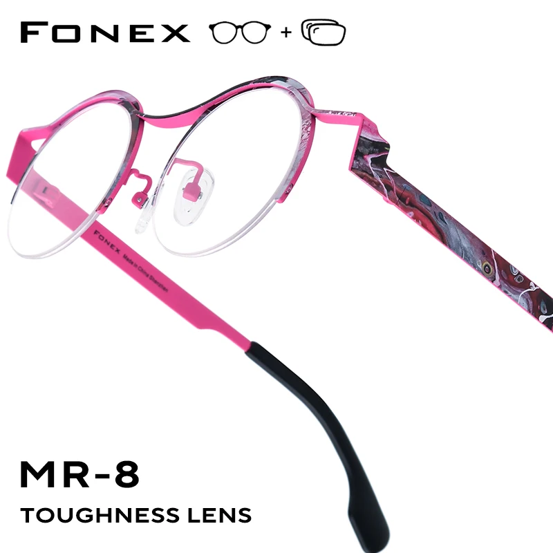 FONEX Progressive Prescription Glasses Custom Myopia Optical Lens Eyewear Men Round Eyeglasses Semi-Rimless Titanium Frame 5837