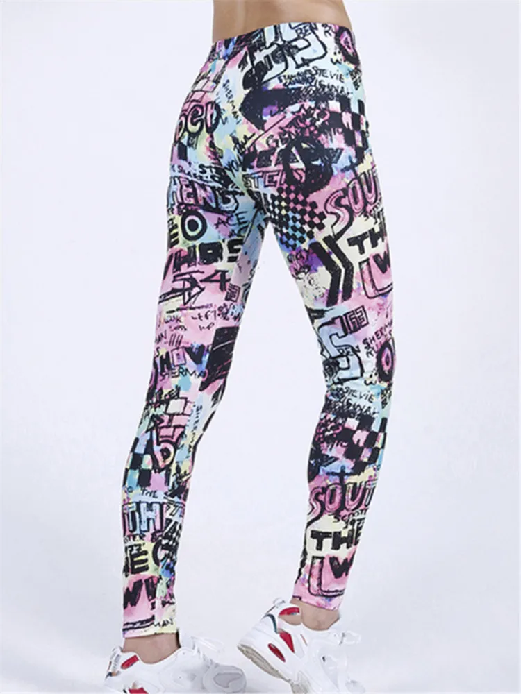 Visnxgi mulheres leggings calças esportivas femme elástico empurrar para cima fitness novo ginásio de cintura alta workout graffiti carta impressão jogging