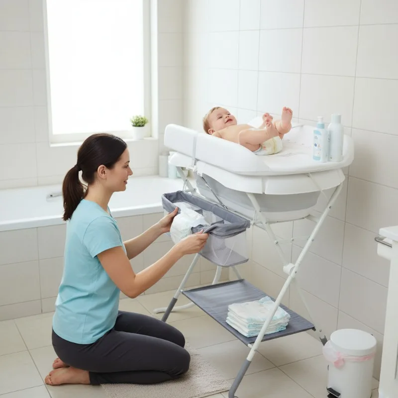 High-quality safe and comfortable 2-in-1 crib with diaper changing station, bathtub and toilet for baby